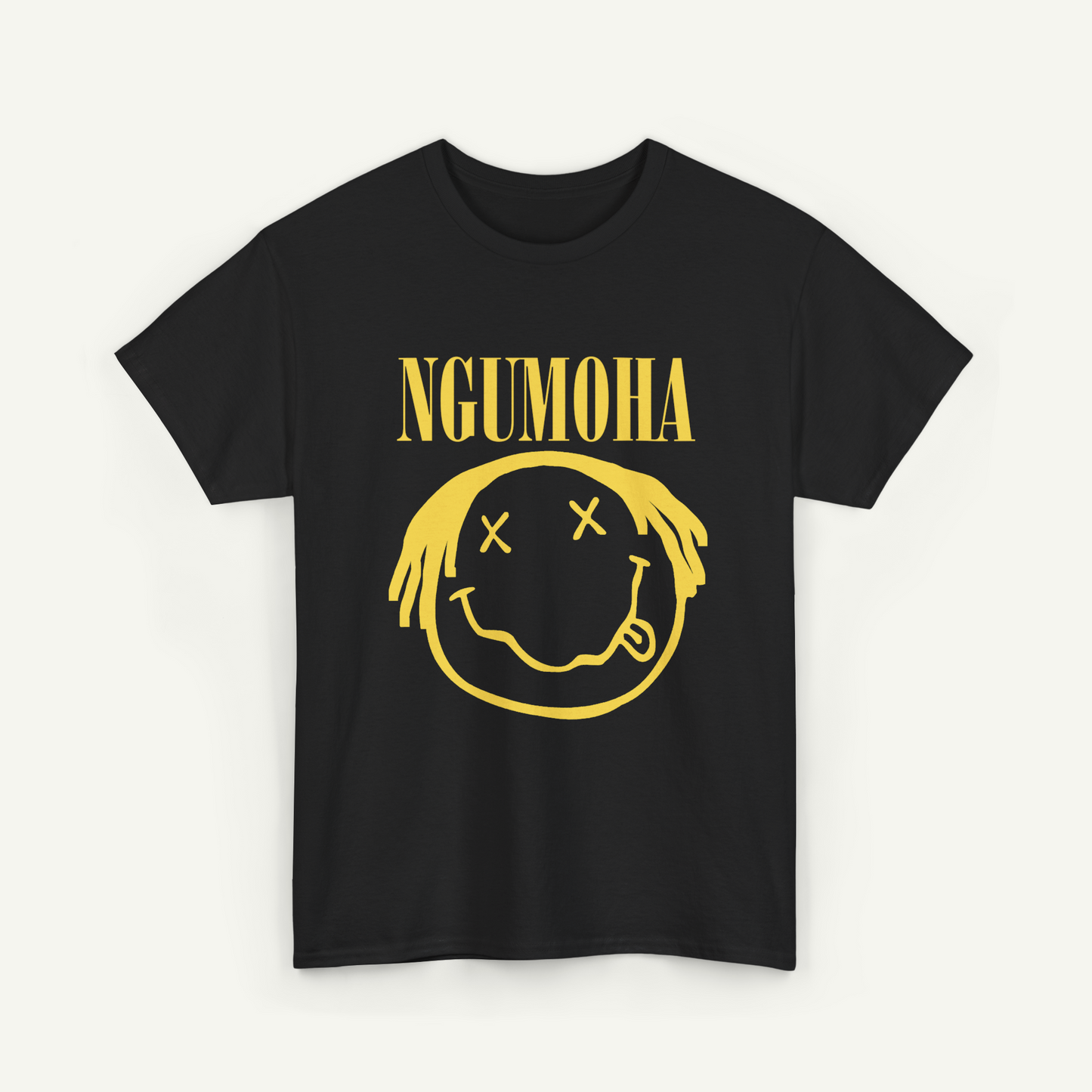 A black t-shirt with a yellow smiley face graphic and the text "NGUMOHA" printed on it.