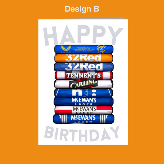 A birthday card with a stack of various sports team merchandise items, including a "32 Red" jersey, a "TENNENT'S" jersey, and a "CARLING" jersey. The text "Happy Birthday" is displayed prominently in the center of the image.