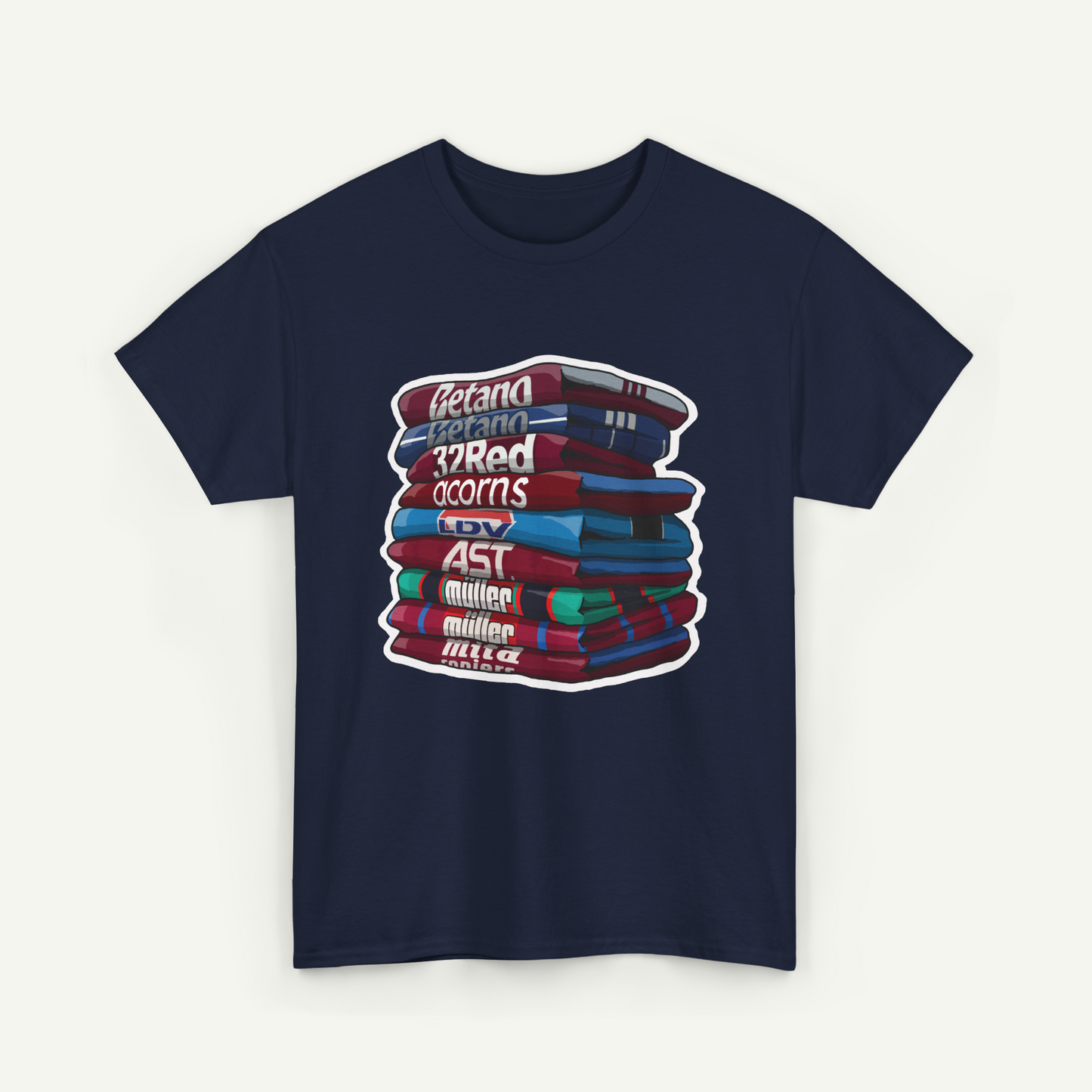 A navy blue t-shirt with a graphic design depicting a stack of colorful books.