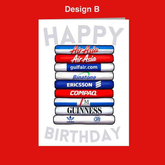 A birthday card with a stack of various airline and beer company logos, including Air Asia, Gulffair.com, Binatone, Ericsson, Compaq, Guinness, Adidas, and Guinness. The text "Happy Birthday" is displayed in the center of the image.