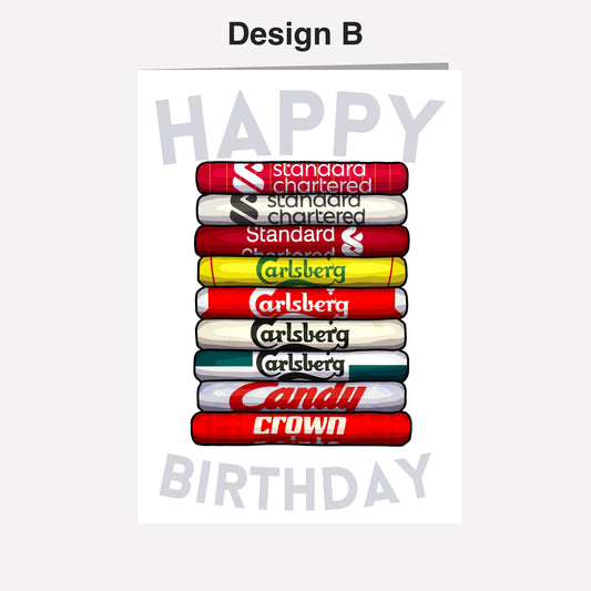 A birthday card with a stack of colorful tubes, each representing a different brand of alcohol. The tube on top is red, the one below is white, and the one below that is yellow. The tube at the bottom is green. The text on the card reads "Design B" and "HAPPY BIRTHDAY".