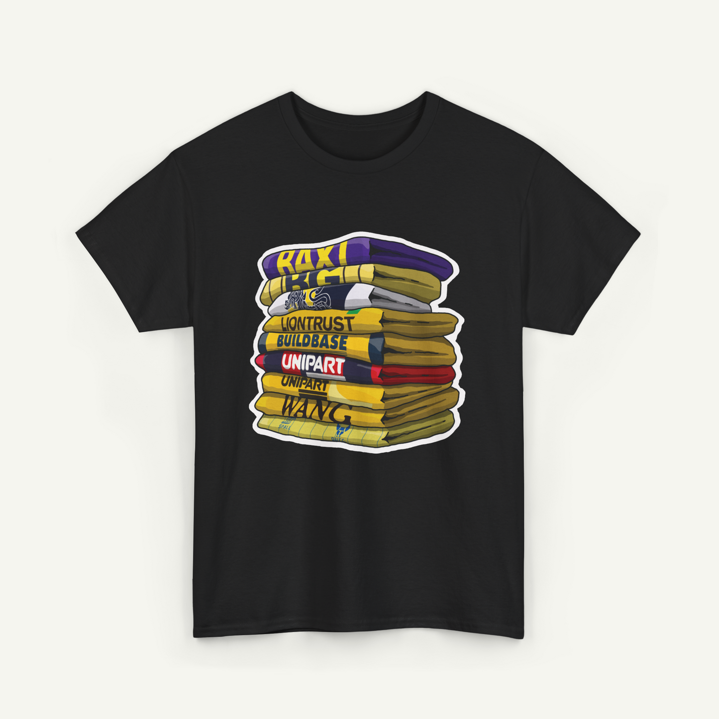 A black t-shirt with a graphic design depicting a stack of colorful books.