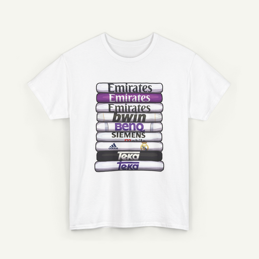 A white t-shirt with a graphic design featuring a stack of various logos and text.