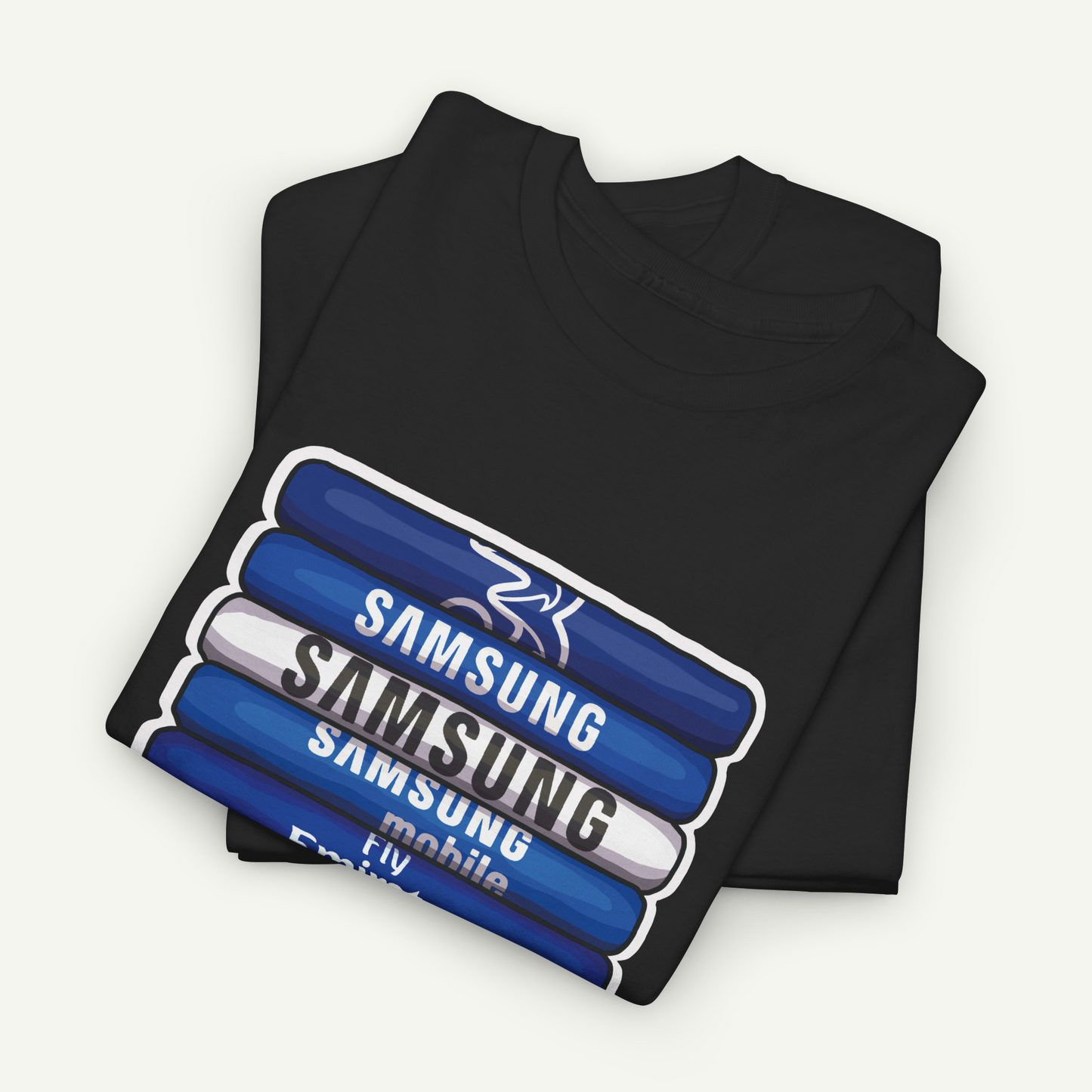 A black t-shirt with a graphic design featuring the text "SAMSUNG mobile" in blue and white colors.