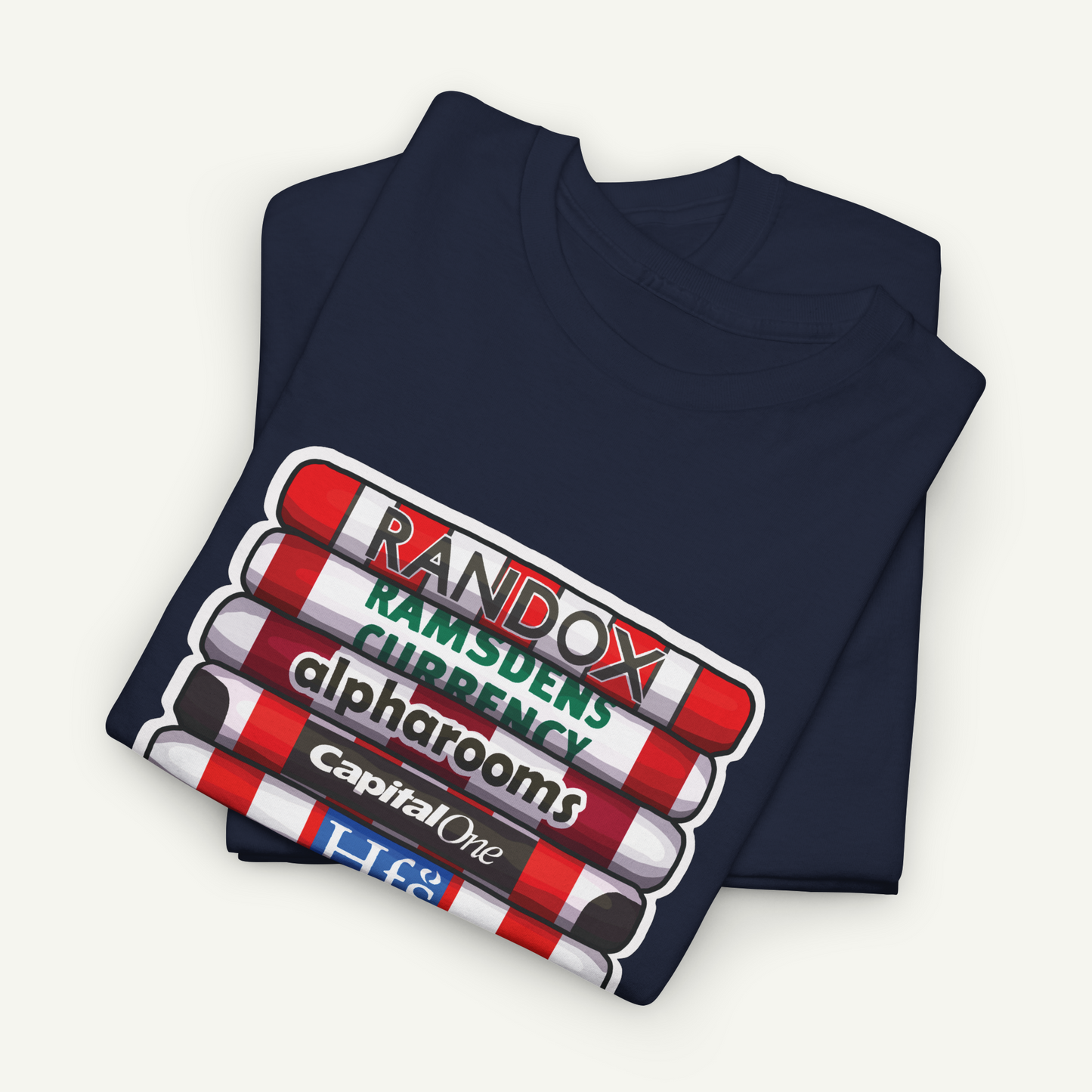 A navy blue t-shirt with a graphic design featuring a stack of red and white striped tubes with text printed on them.