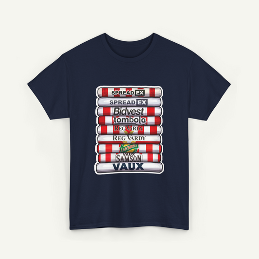 A navy blue t-shirt with a graphic design depicting a stack of red and white striped tubes with various text labels on them.