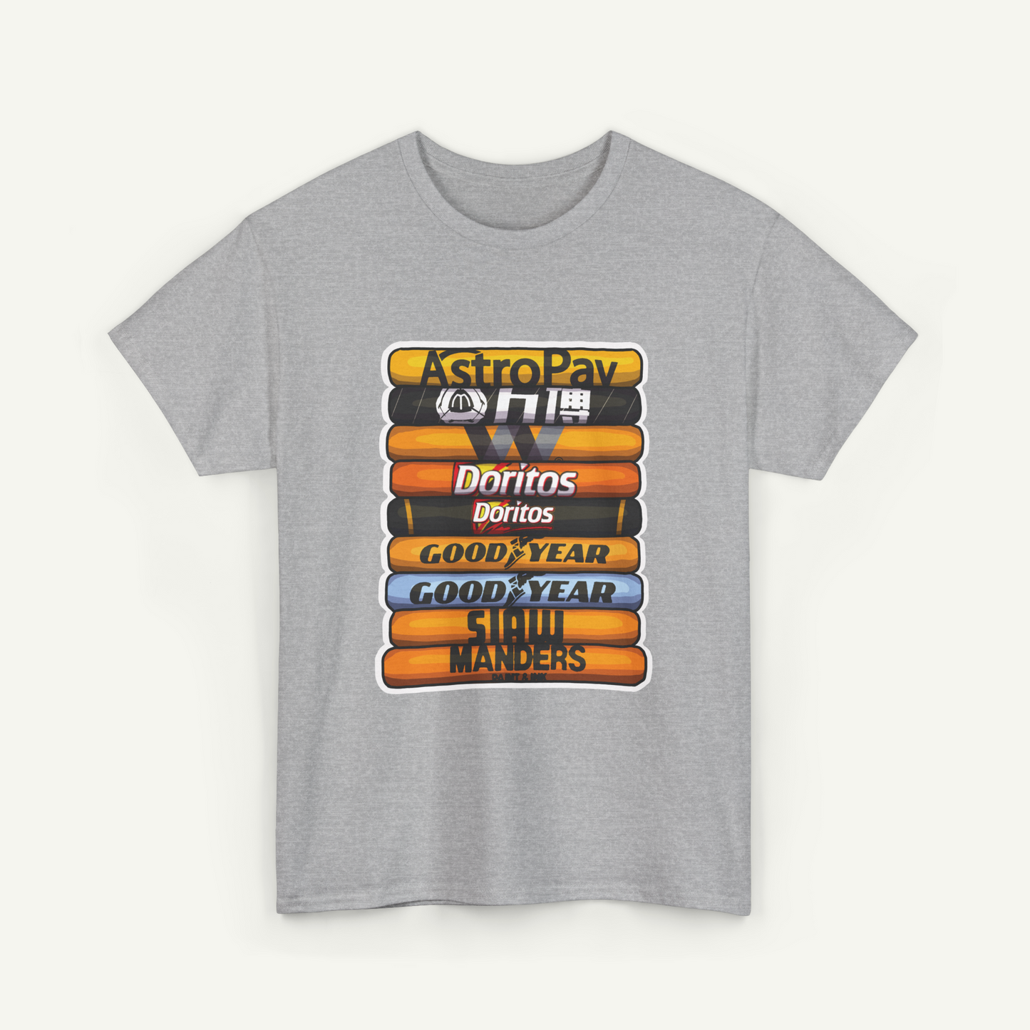 A gray t-shirt with a graphic design featuring a stack of various snack food logos, including Doritos, AstroPay, and Goodyear.