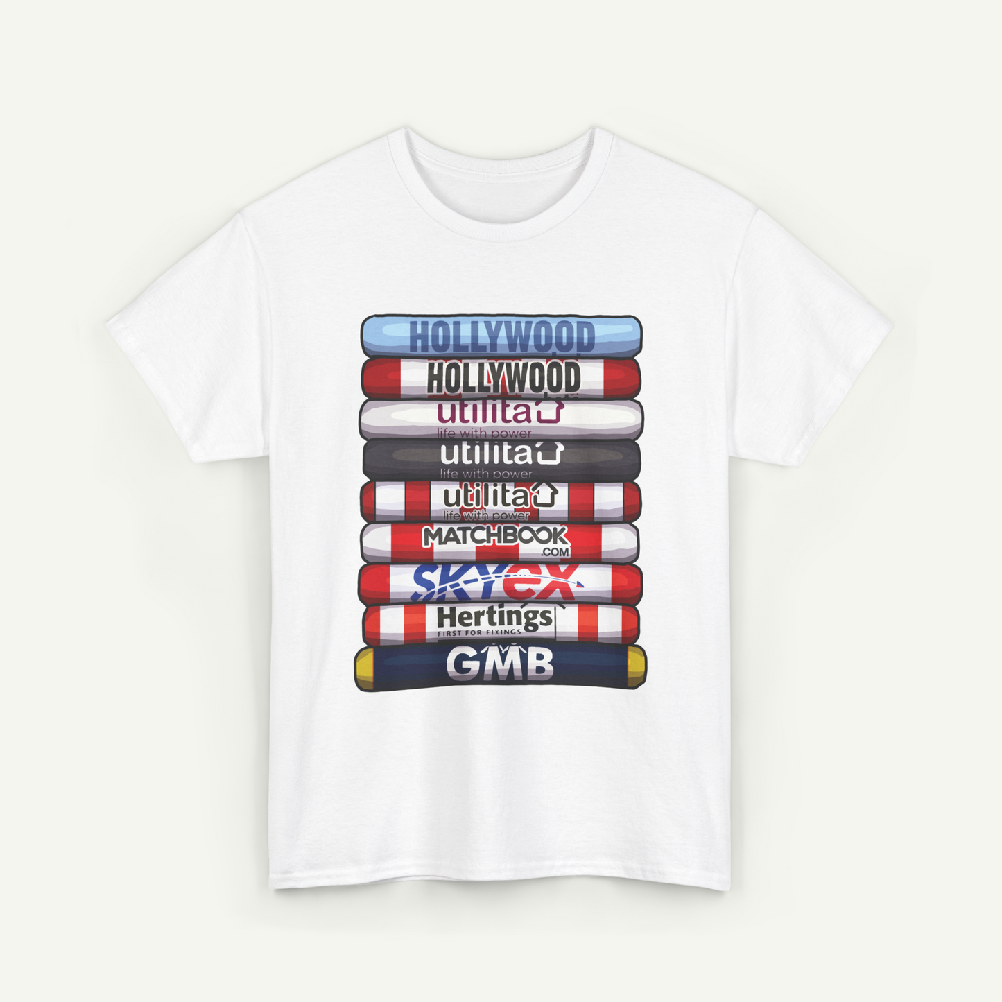 A white t-shirt with a graphic design featuring a stack of colorful tubes or cylinders, each representing a different company or brand.
