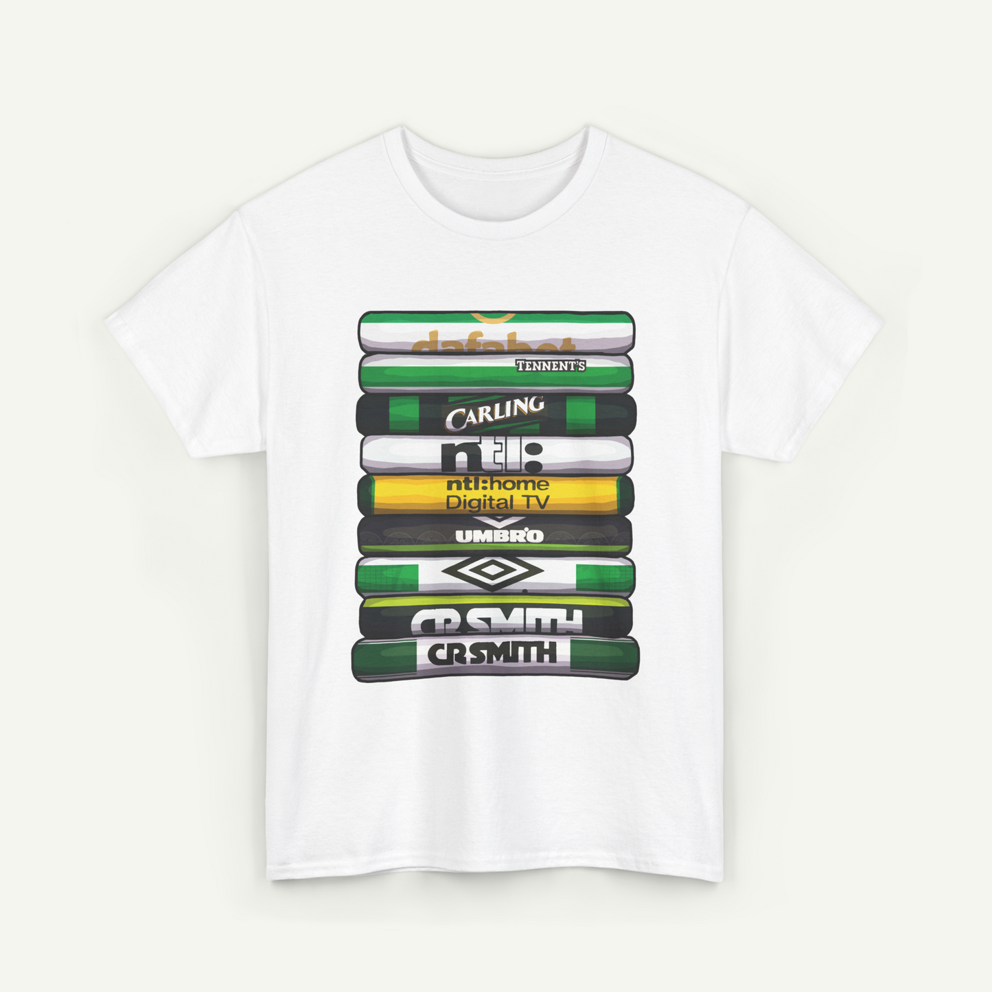 A white t-shirt with a graphic design featuring a stack of colorful books or magazines with various logos and text on their spines.