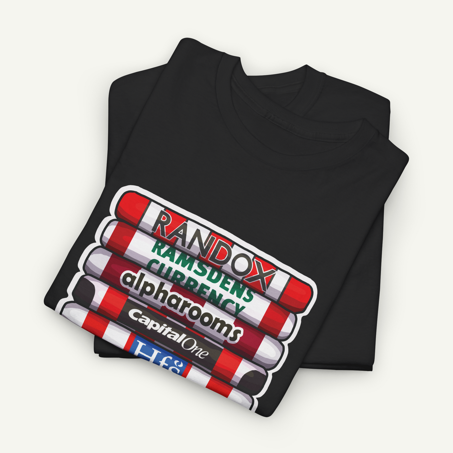 A black t-shirt with a graphic design featuring a stack of colorful tubes with text printed on them.