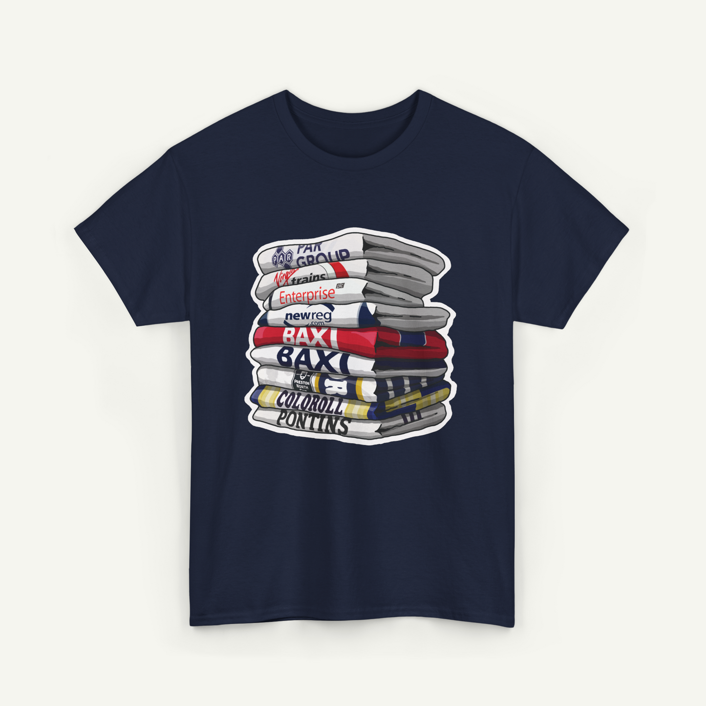 A navy blue t-shirt with a graphic design depicting a stack of books with various titles and colors.