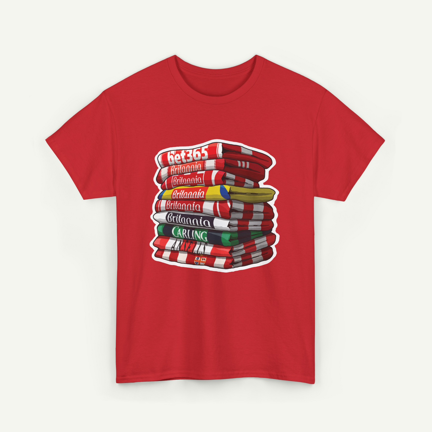 A red t-shirt with a graphic design depicting a stack of books with various colored covers.