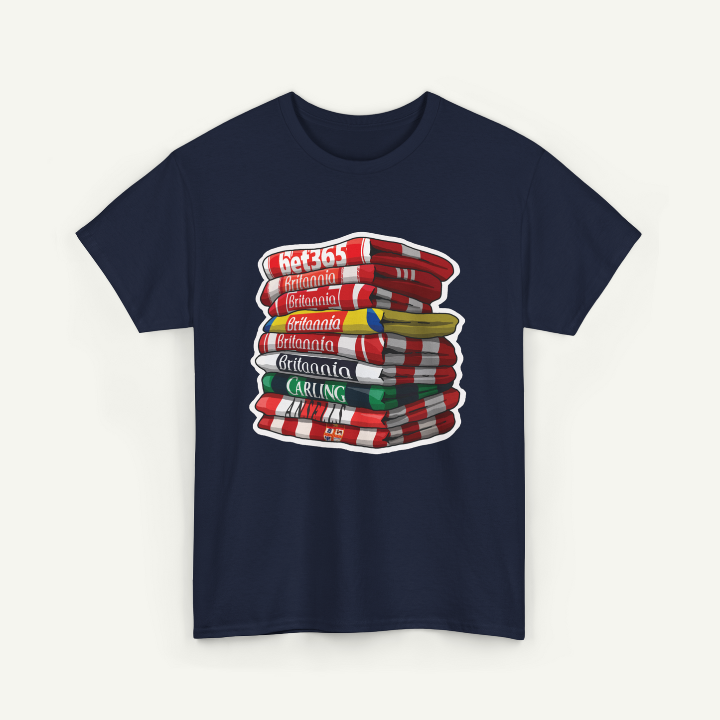 A navy blue t-shirt with a graphic design depicting a stack of books or magazines with various colored covers.