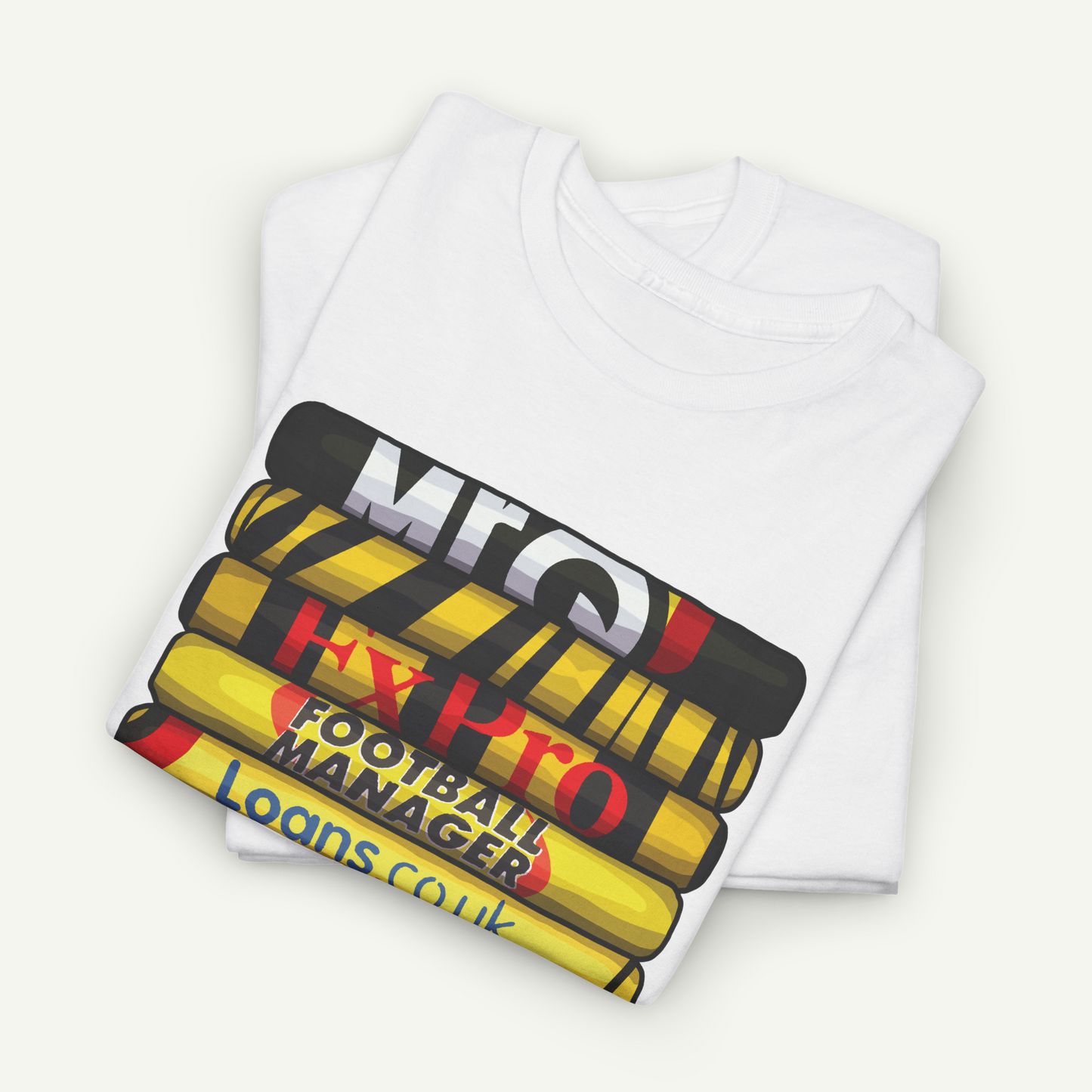 A white t-shirt with a graphic design featuring a stack of yellow and black striped objects, along with the text "Mr. X Pro Football Manager Loans.co.uk".