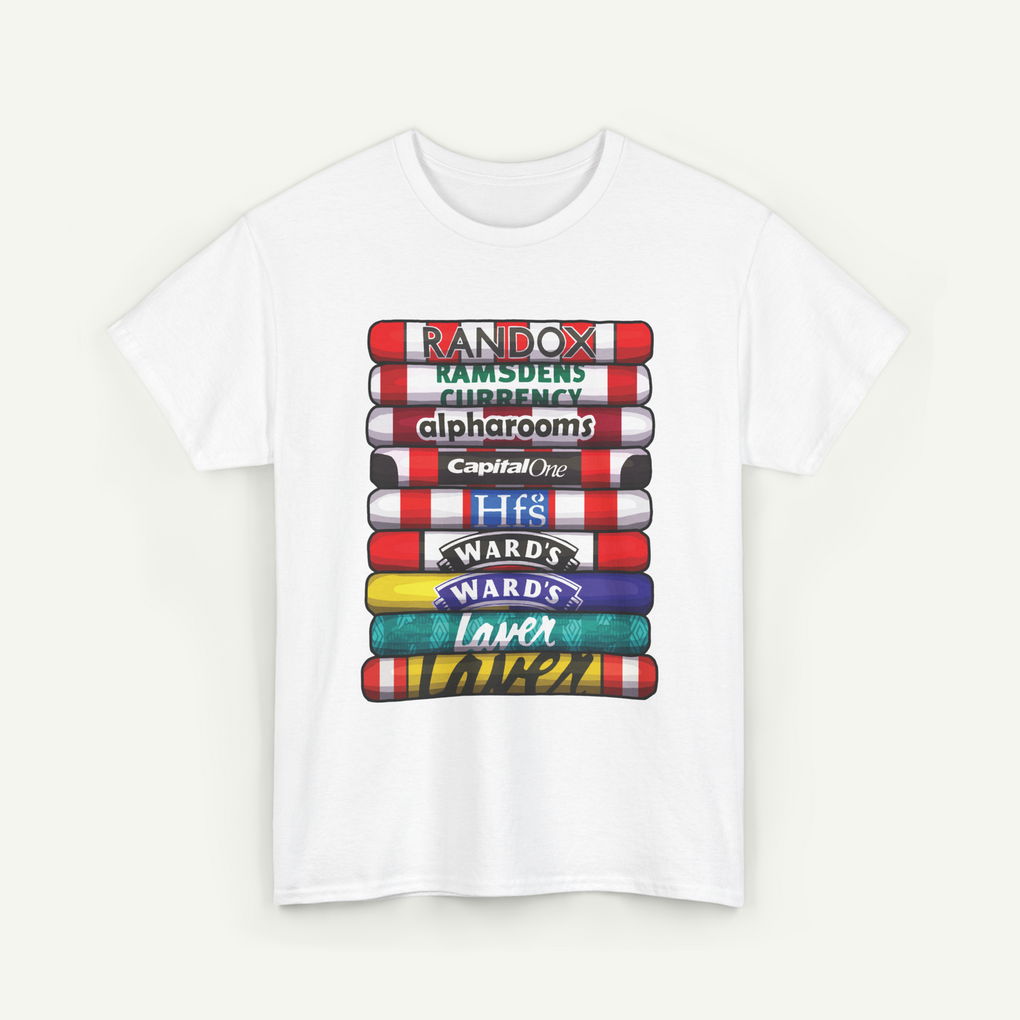 A white t-shirt with a graphic design featuring a stack of colorful tubes or bars, each displaying a different brand logo.