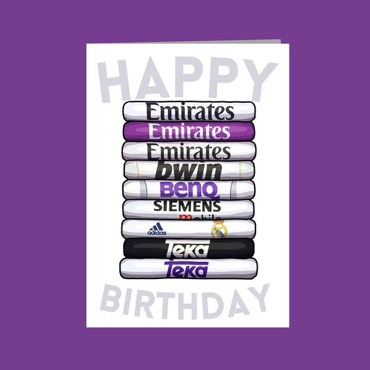 A birthday card with a stack of various sports team logos, including those of Emirates, Beno, Siemens, Adidas, and Teka.