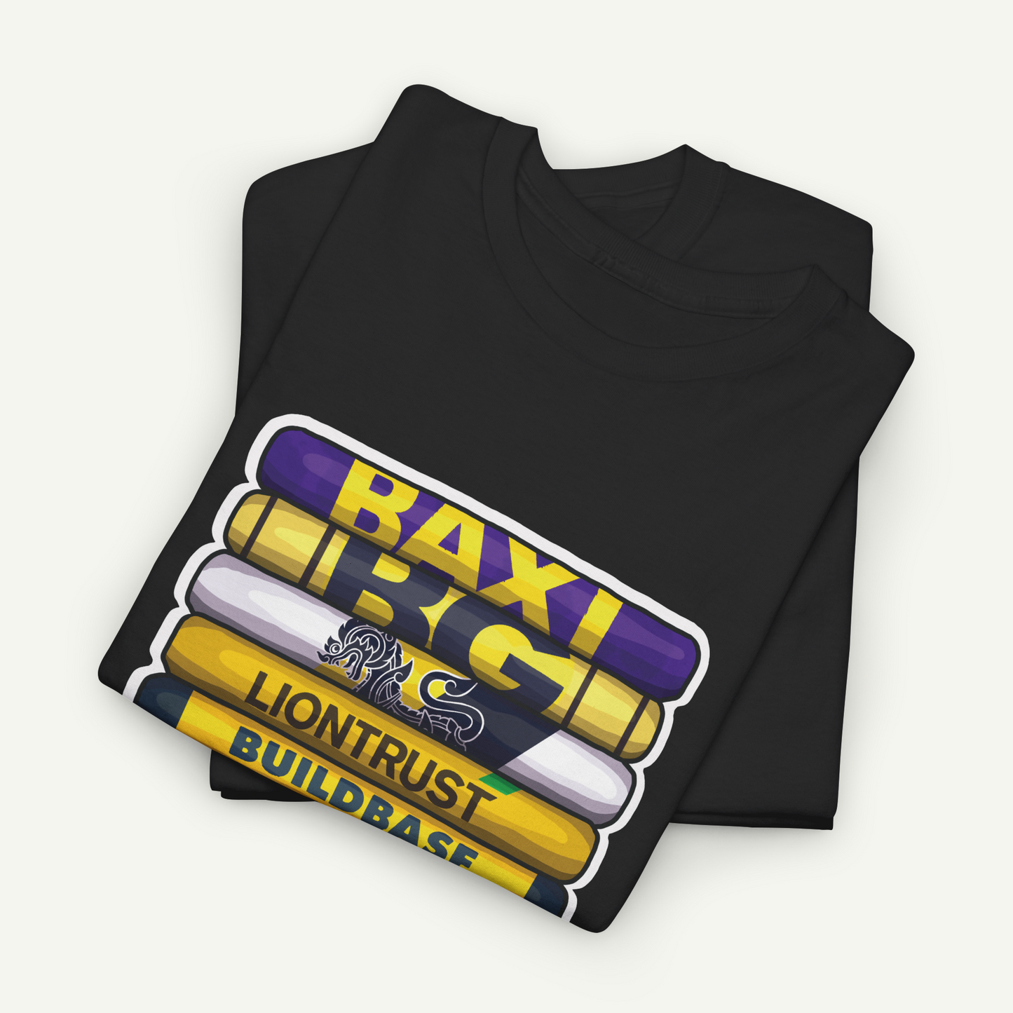 A black t-shirt with a graphic design featuring a stack of colorful markers or highlighters, along with the text "BAXI", "LG", and "BUILDBASE".