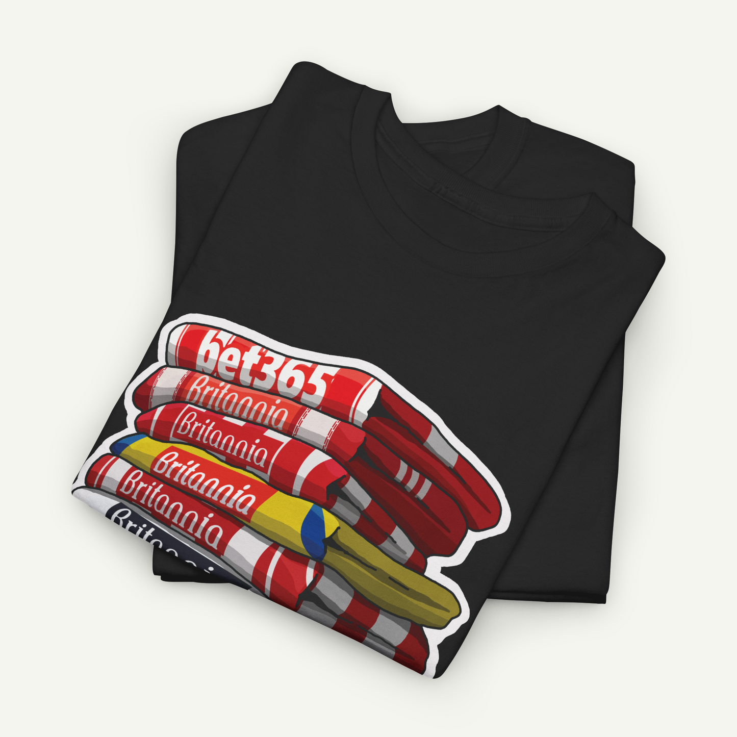 A black t-shirt with a graphic design depicting a stack of red and white striped objects, along with the text "bet365" printed on the shirt.