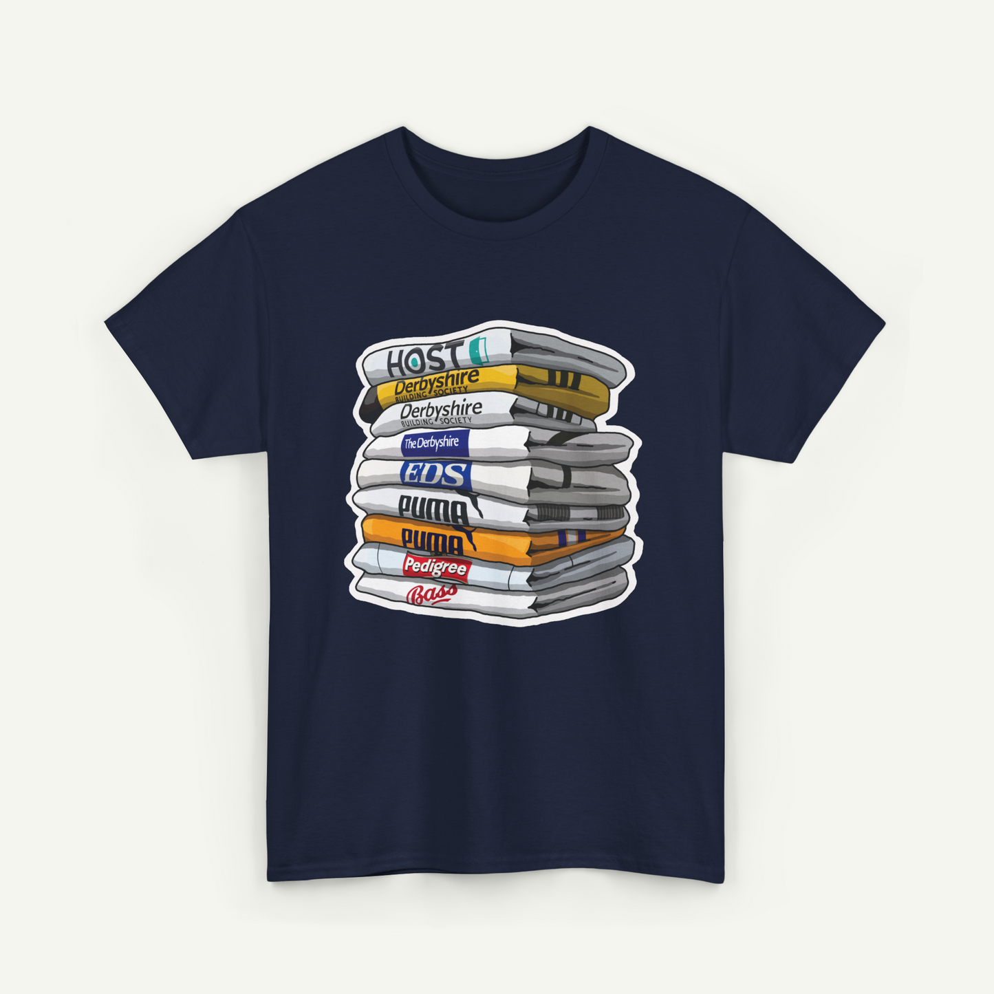 A navy blue t-shirt with a graphic design depicting a stack of books or magazines with various colored covers, representing different types of media or content.