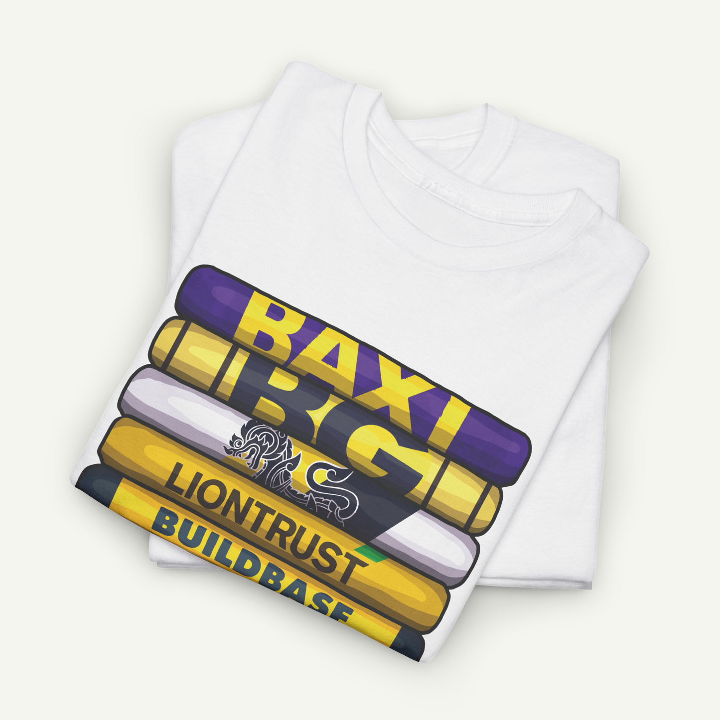 A white t-shirt with a graphic design featuring a stack of colorful objects, including a purple and yellow object with the text "BAXI" and "LIONTRUST BUILDBASE" printed on it.