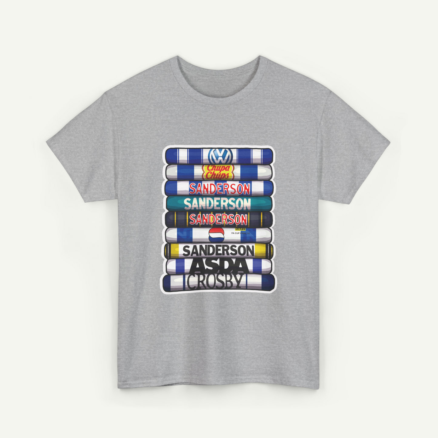 A gray t-shirt with a graphic design featuring a stack of colorful tubes with the text "Sanderson" printed on them.