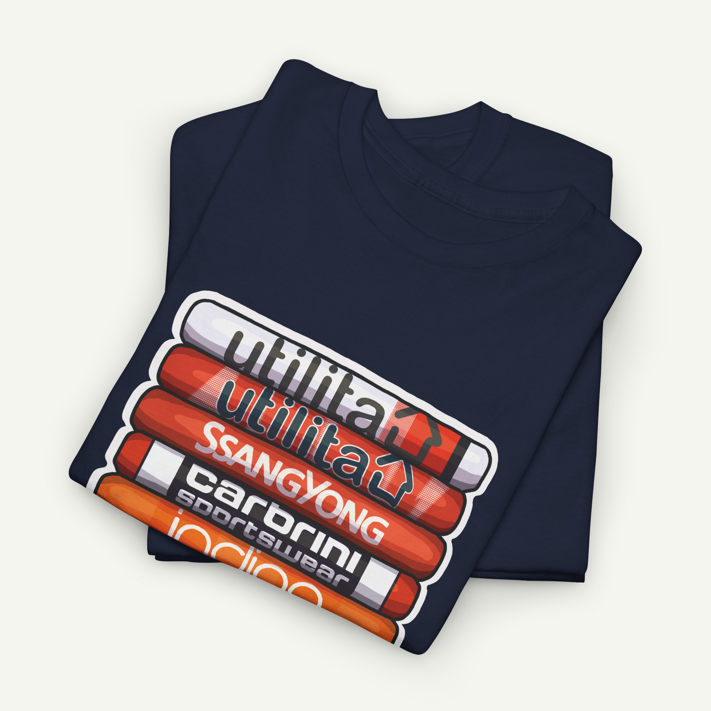A navy blue t-shirt with a graphic design featuring a stack of orange and white tubes with text on them.