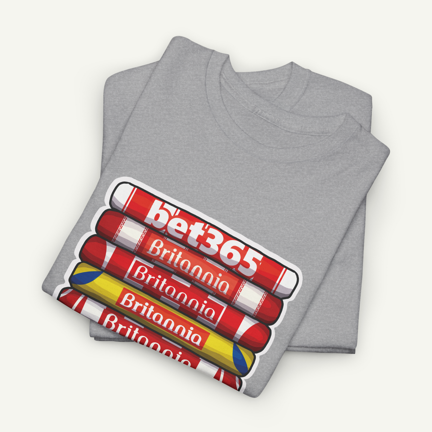 A gray t-shirt with a graphic design featuring a stack of red and yellow crayons with the text "Bet365" printed on them.