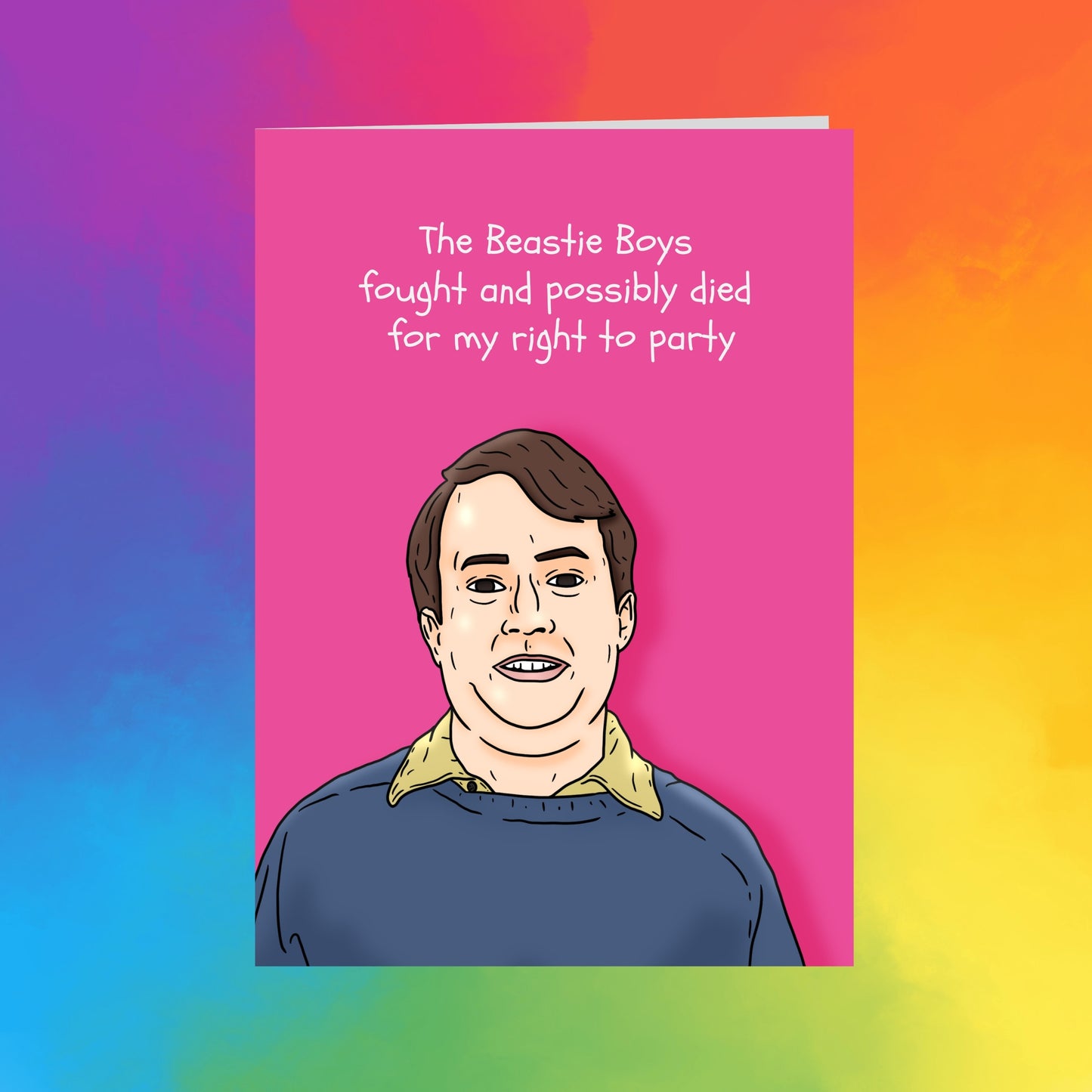 a cartoon-style illustration of a man with a serious expression, set against a vibrant gradient background.