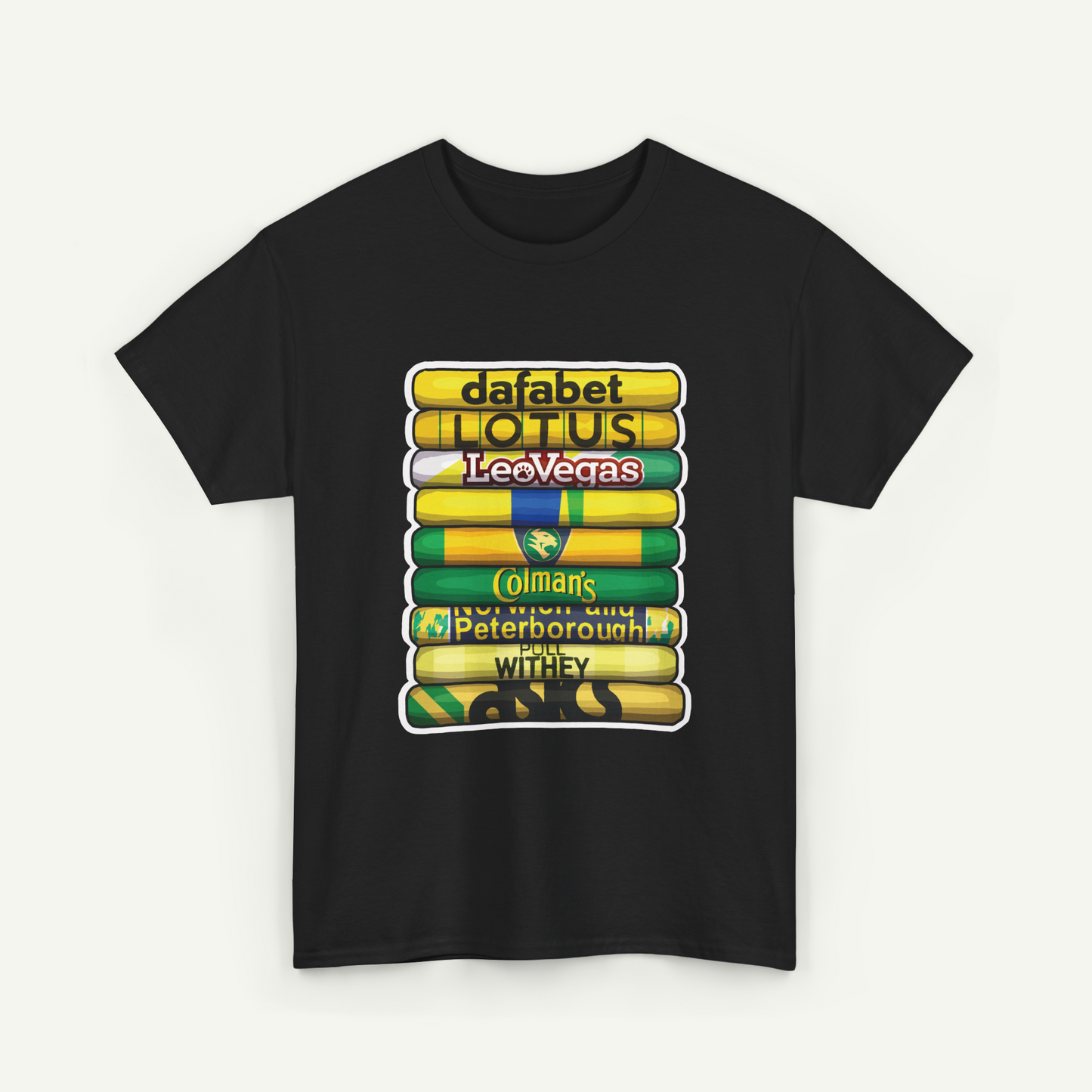 A black t-shirt with a graphic design featuring a stack of colorful bars representing different cities or locations, along with text that reads "dafabet LOTUS, LeoVegas, Colman's, Peterborough, Withy".