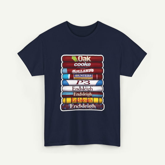 A navy blue t-shirt with a graphic design depicting a stack of books with the titles "Oak Cooke", "Hollands Hunters", "3 Endsleigh", "Endsleigh", and "Endsleigh".
