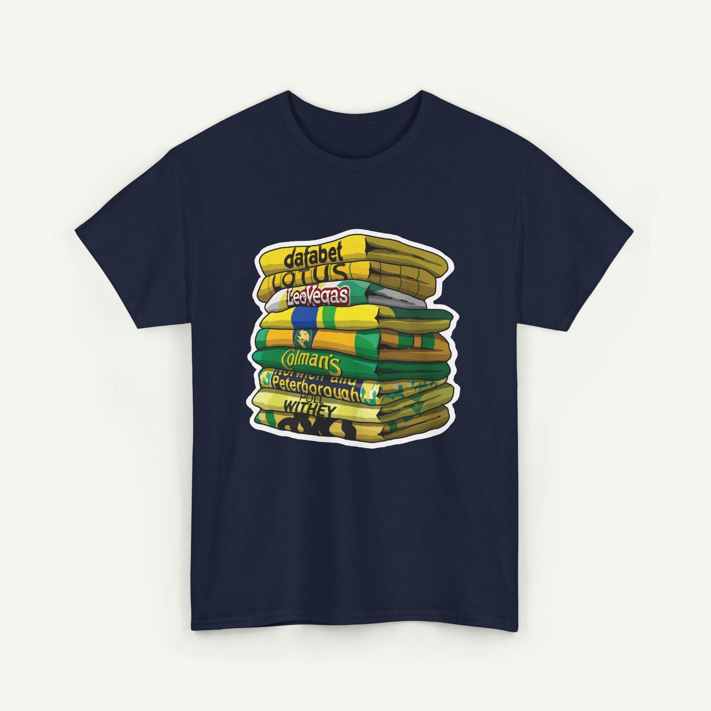 A navy blue t-shirt with a graphic design depicting a stack of colorful books or magazines.