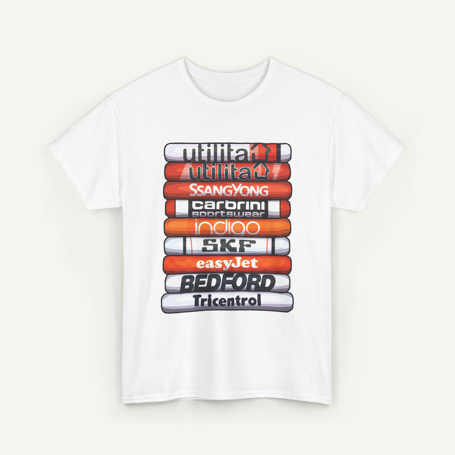 A white t-shirt with a graphic design featuring a stack of various colored bars, each representing a different brand or company.