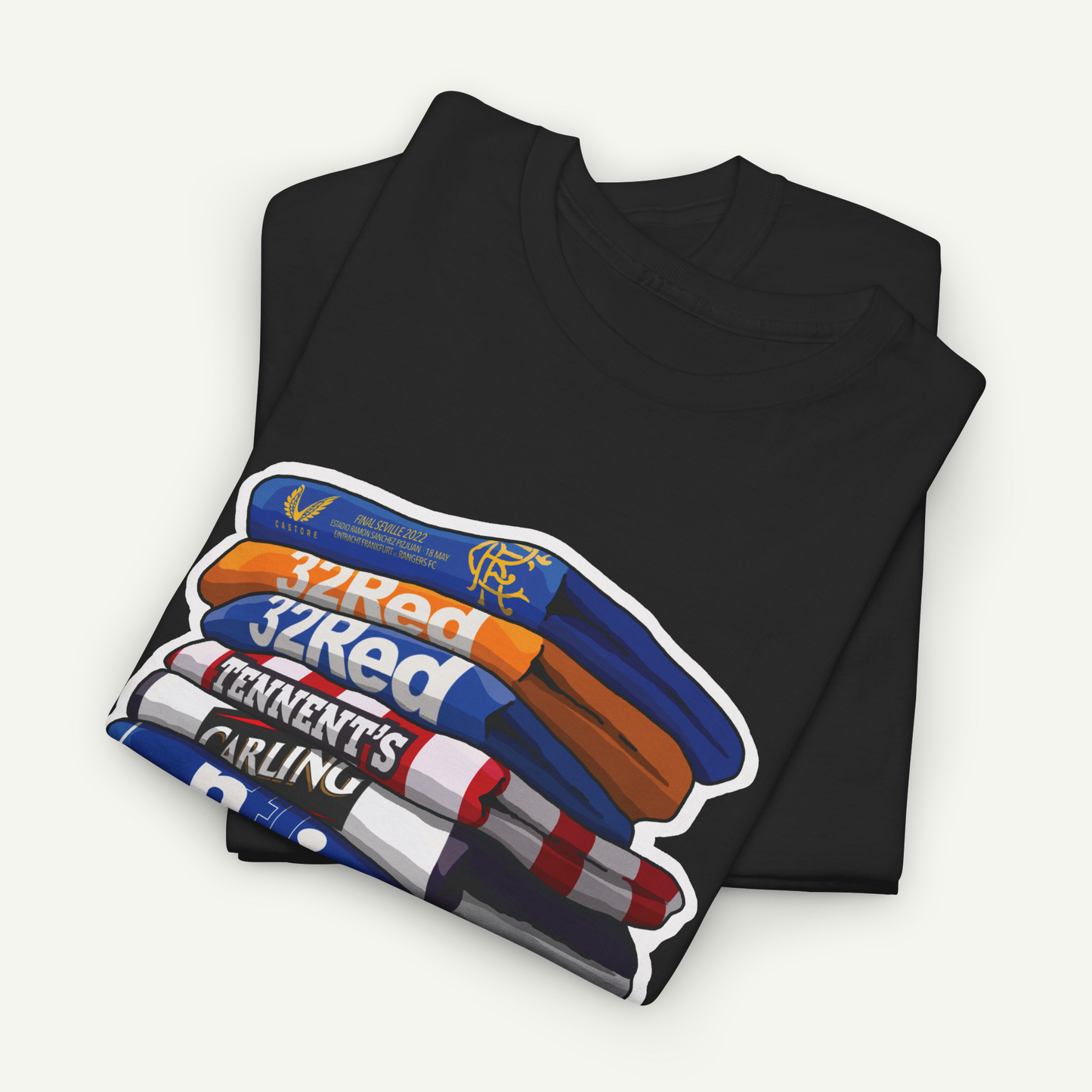 A black t-shirt with a graphic design depicting a stack of colored pencils, with the text "32Red" and "Tentative's Carling" printed on it.