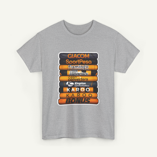 A gray t-shirt with a graphic design featuring a stack of orange and black tubes with text on them.