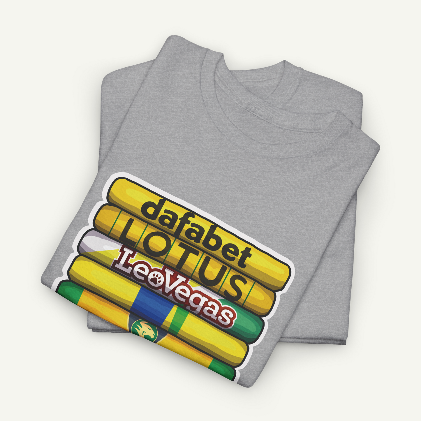 A gray t-shirt with a graphic design featuring a stack of yellow and green tubes, with text printed on them.