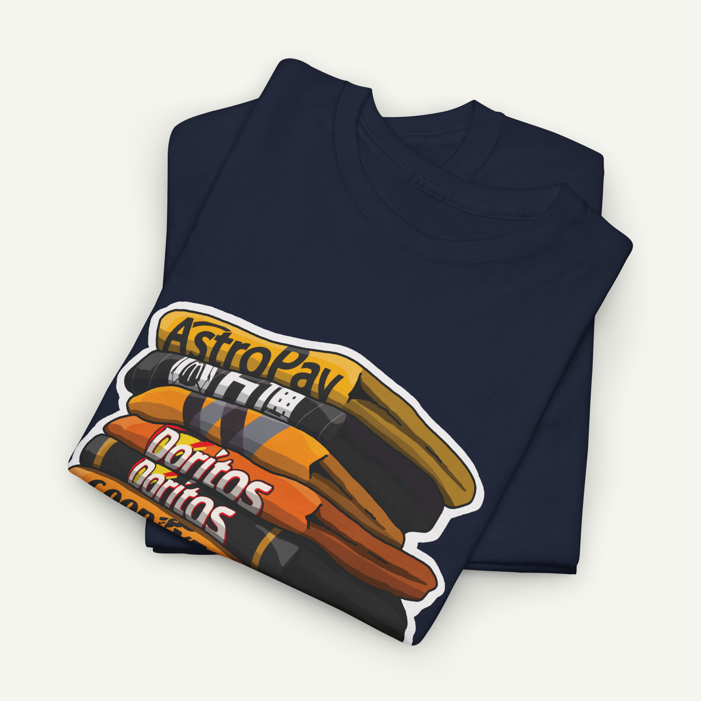 A navy blue t-shirt with a graphic design depicting a stack of Doritos bags.