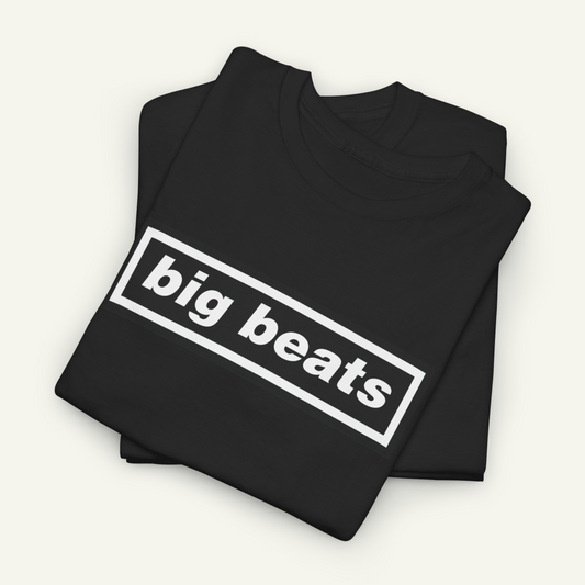 A black t-shirt with the text "big beats" printed on it in white.