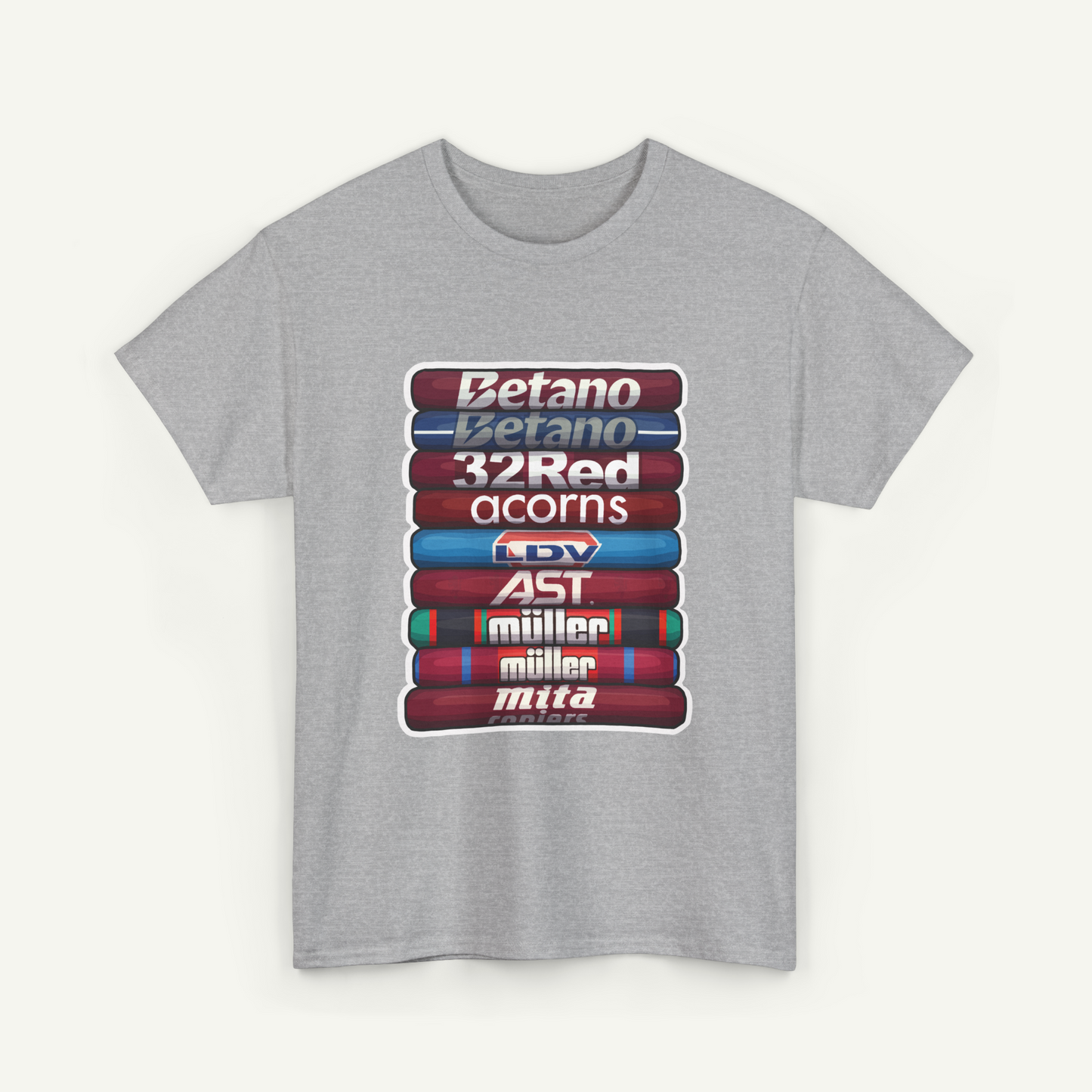 A gray t-shirt with a graphic design featuring a stack of colored tubes or tubes with text on them.