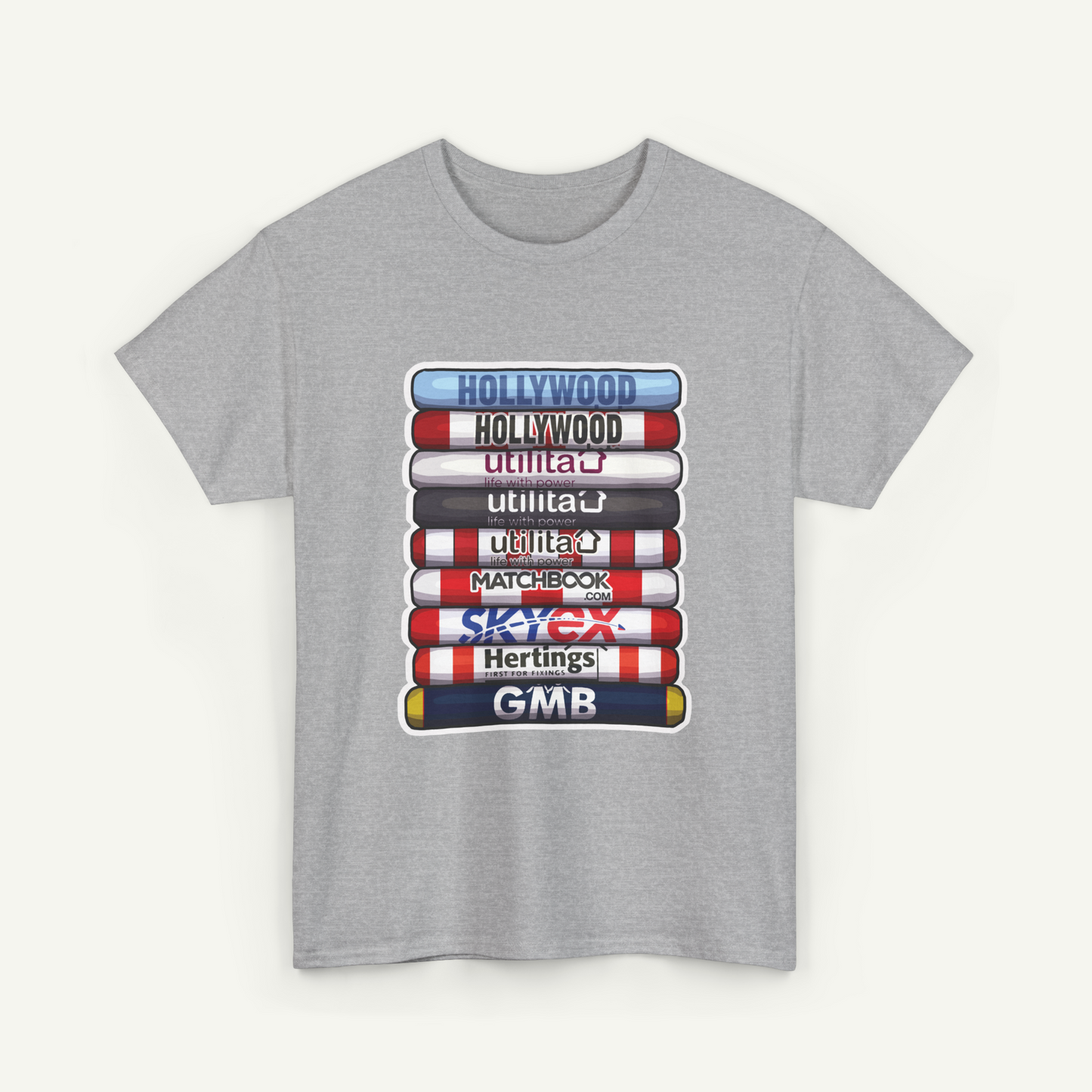A gray t-shirt with a graphic design depicting a stack of colorful tubes or bottles, each representing a different company or brand.