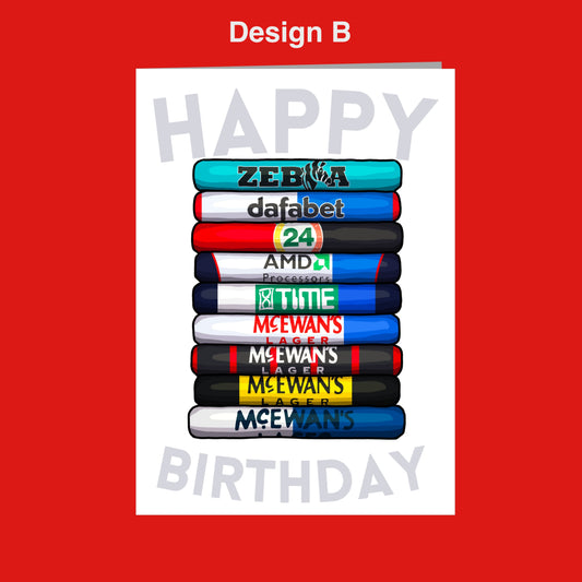 A birthday card with a stack of colorful tubes, each representing a different company or brand. The text on the tubes reads "Zebra dafabet", "24", "AMD", "Prodco", "TITI", "McEWANS", "McEWANS", and "McEWANS". The text "Happy Birthday" is displayed at the bottom of the image.