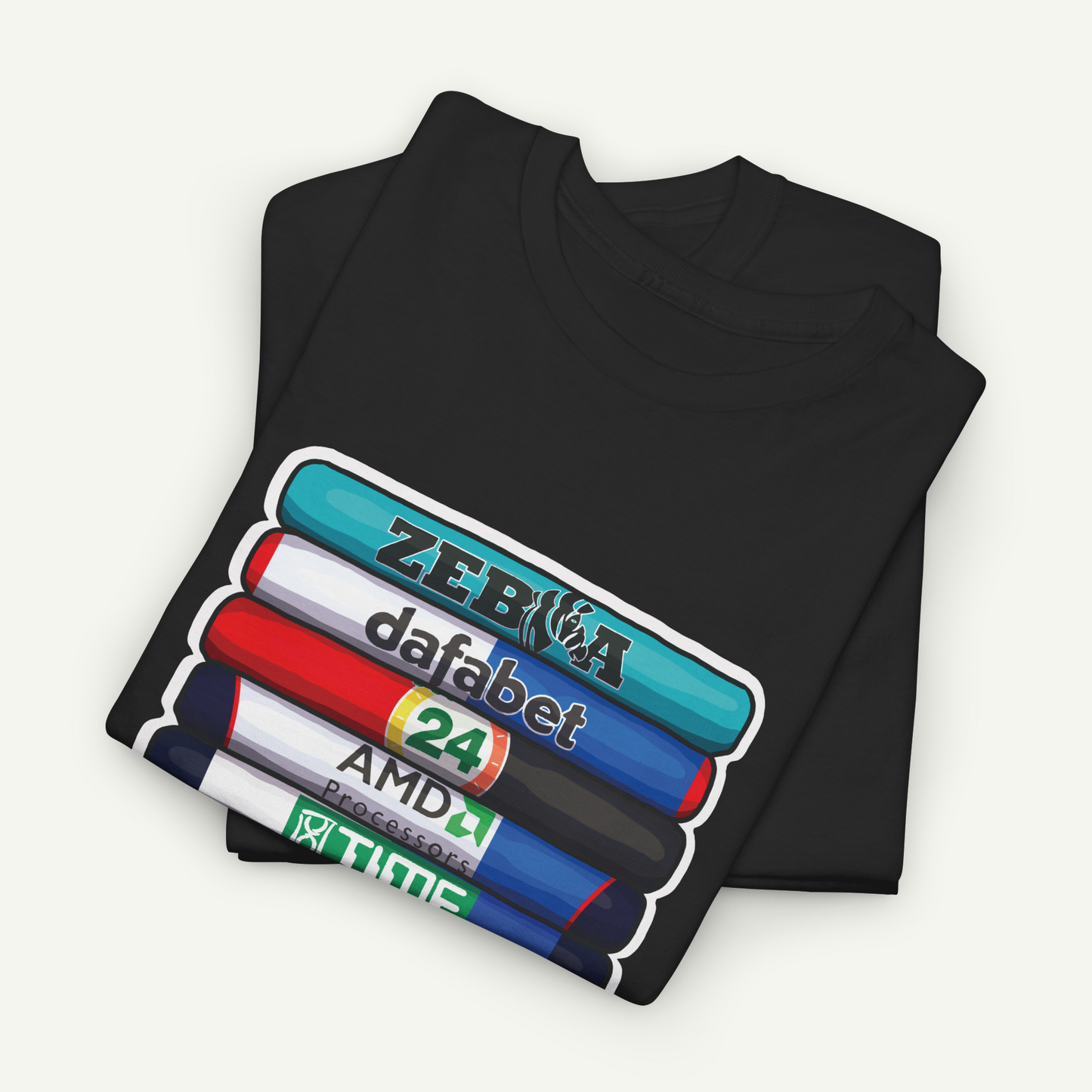 A black t-shirt with a graphic design depicting a stack of colorful markers or pens, each with a different brand name printed on it.