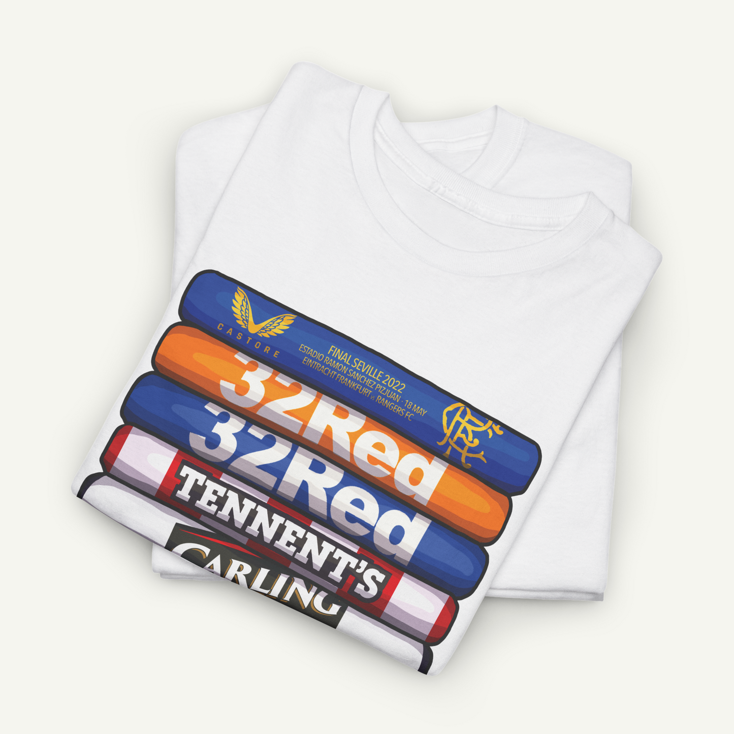 A white t-shirt with a graphic design featuring a stack of colorful tubes or bottles with text printed on them.