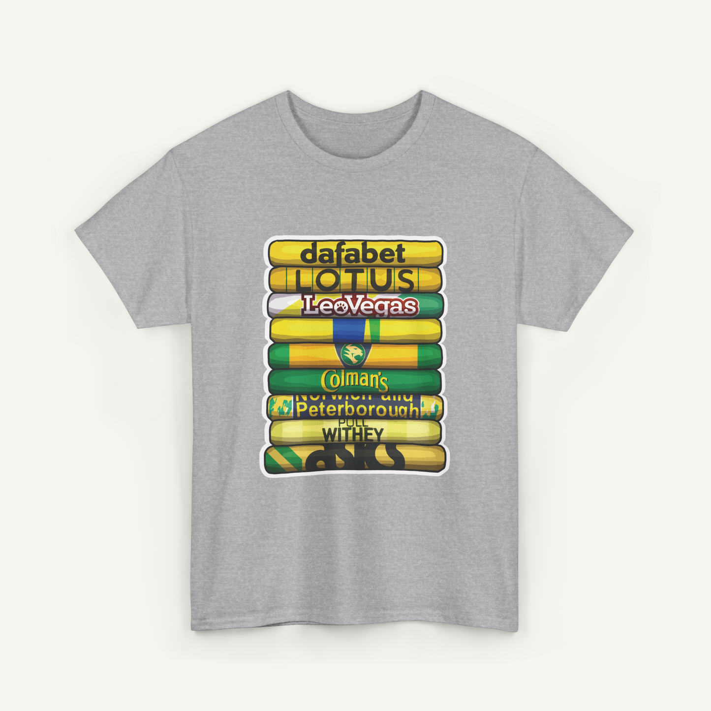 A gray t-shirt with a graphic design featuring a stack of colorful books or book-like objects, along with text that reads "dafabet LOTUS, LeoVegas, Colman's, Peterborough, Withy".