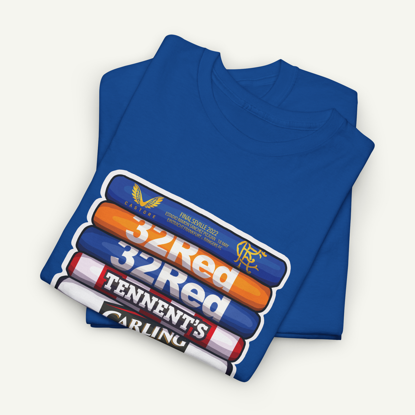 A blue t-shirt with a graphic design featuring a stack of colorful tubes or bottles, with text printed on the side of the tubes.