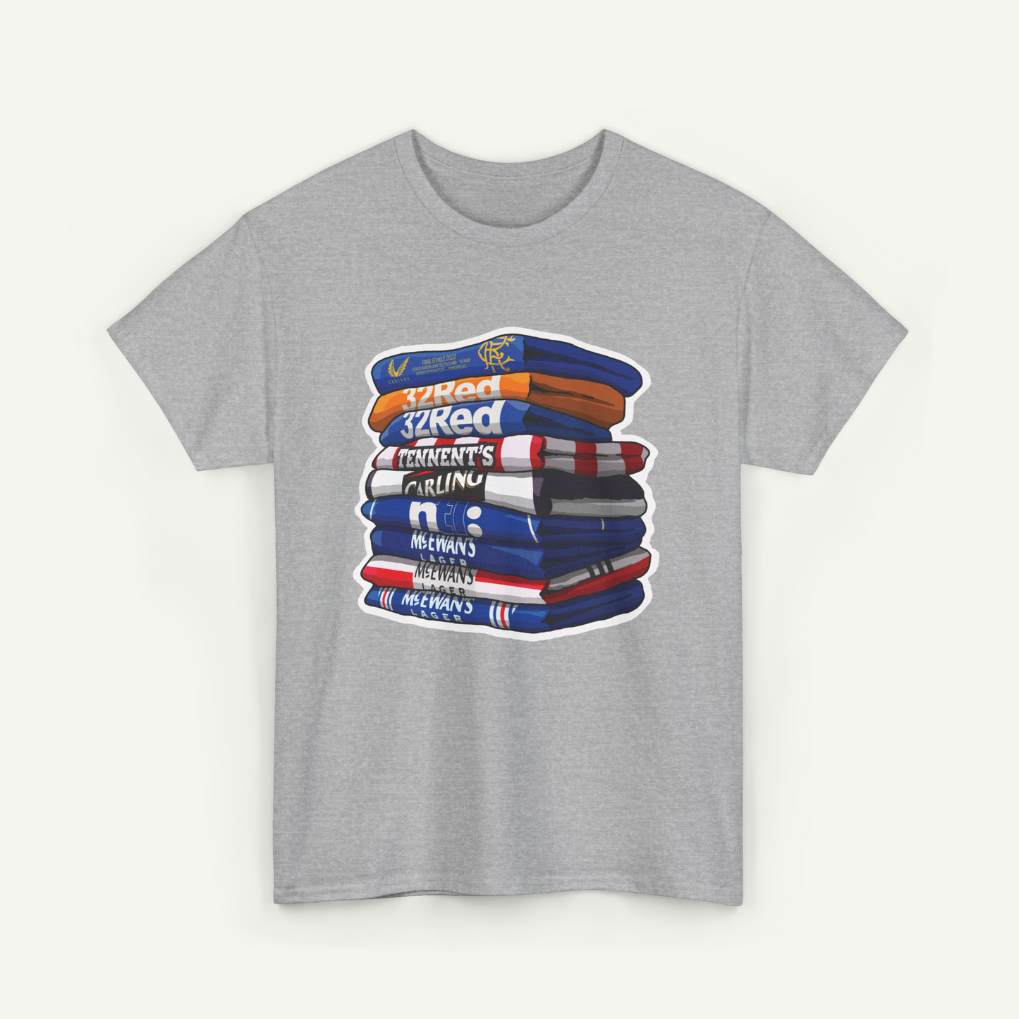 A gray t-shirt with a graphic design depicting a stack of colorful towels or blankets.