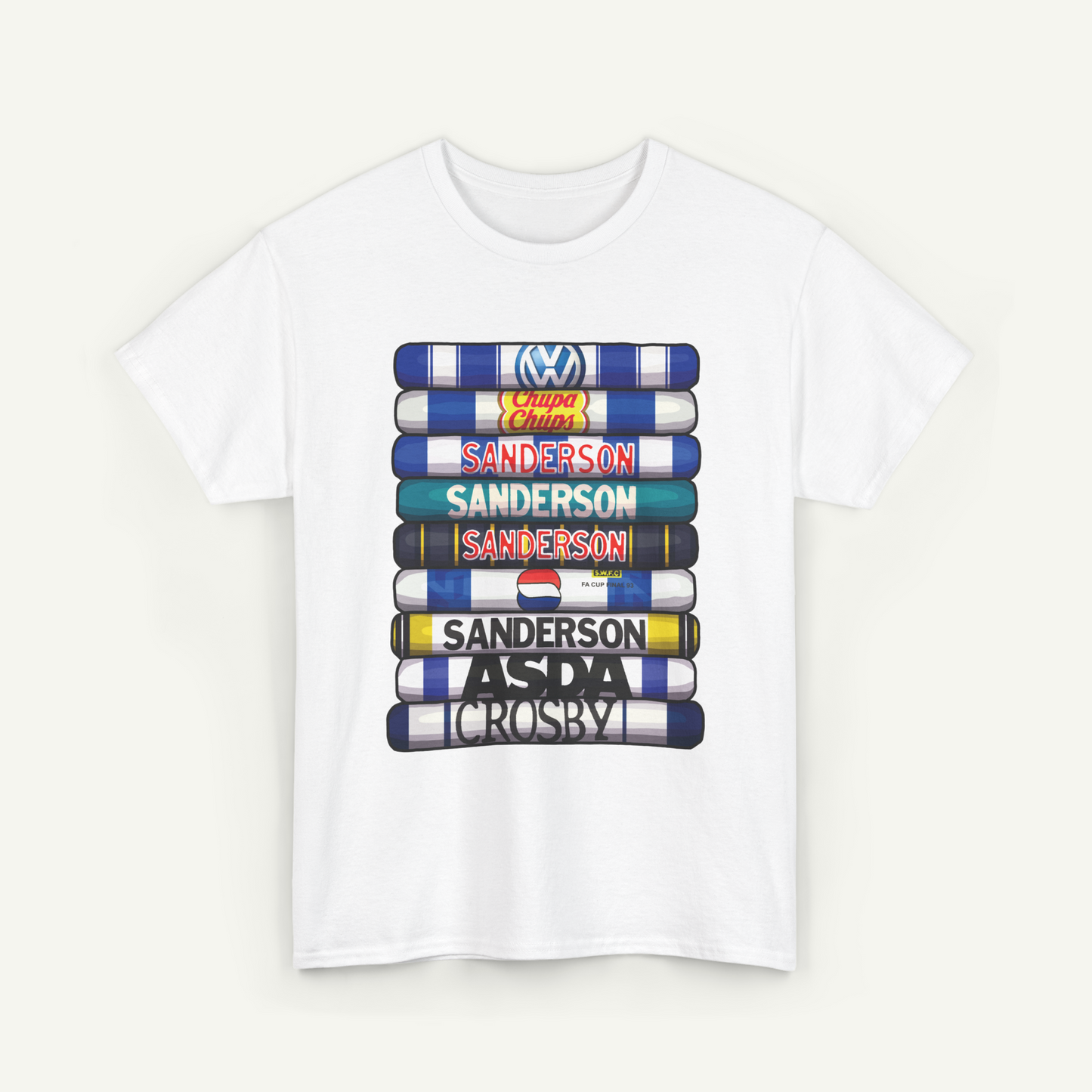 A white t-shirt with a graphic design featuring a stack of colorful tubes or ribbons, each representing a different brand or company.