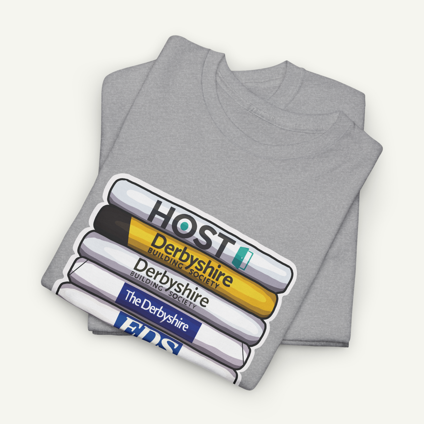 A gray t-shirt with a graphic design featuring a stack of colorful tubes or blocks, each displaying the text "HOST" and "DERBYSHIRE BUILDING SOCIETY" in different colors.