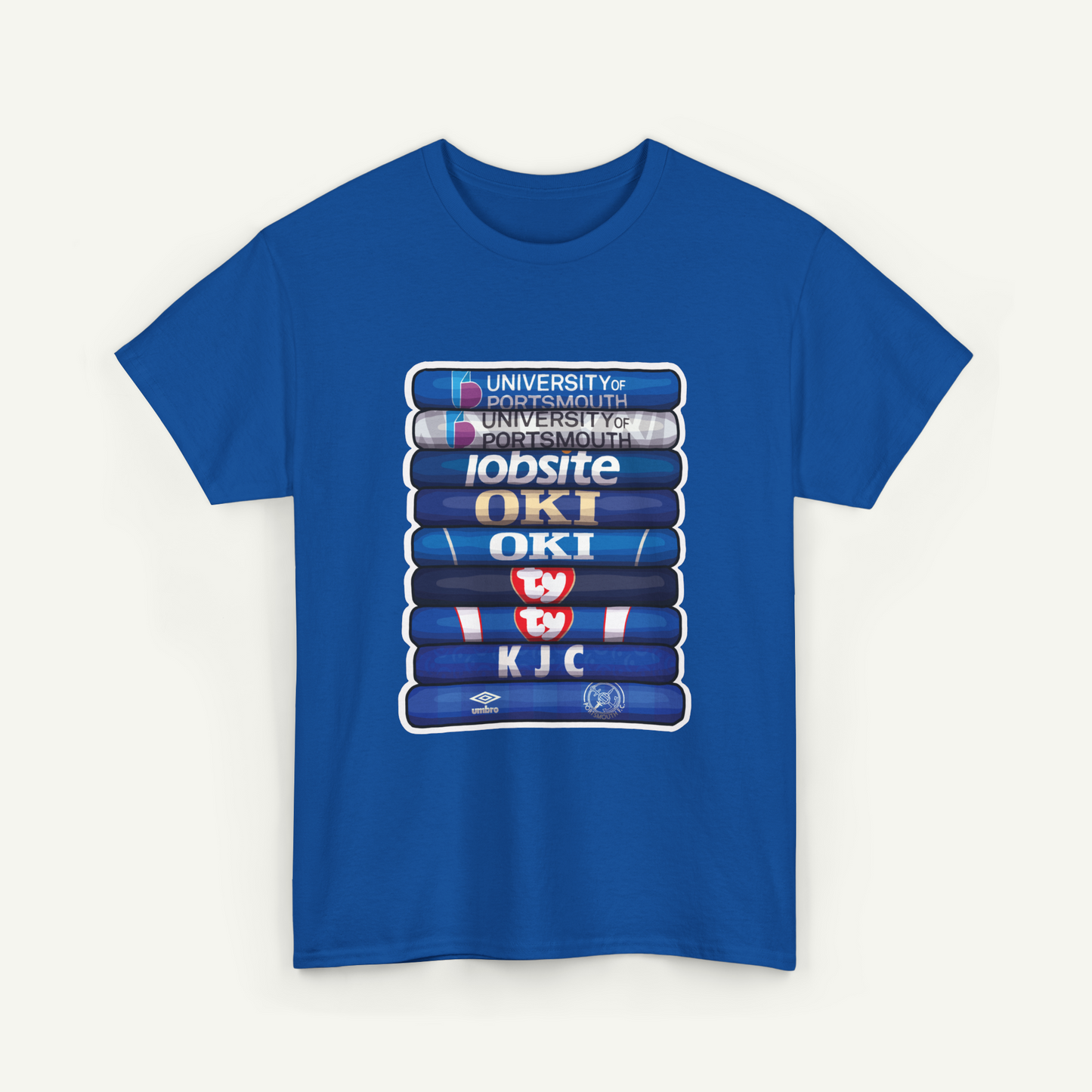 A blue t-shirt with a graphic design featuring a stack of books with various logos and text on the spines.