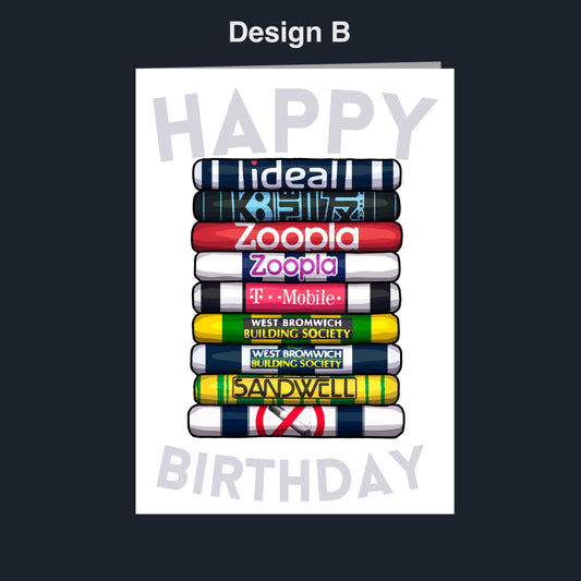 A birthday card with a stack of colorful crayons, each representing a different company or organization, with the text "Happy Birthday" written on the card.