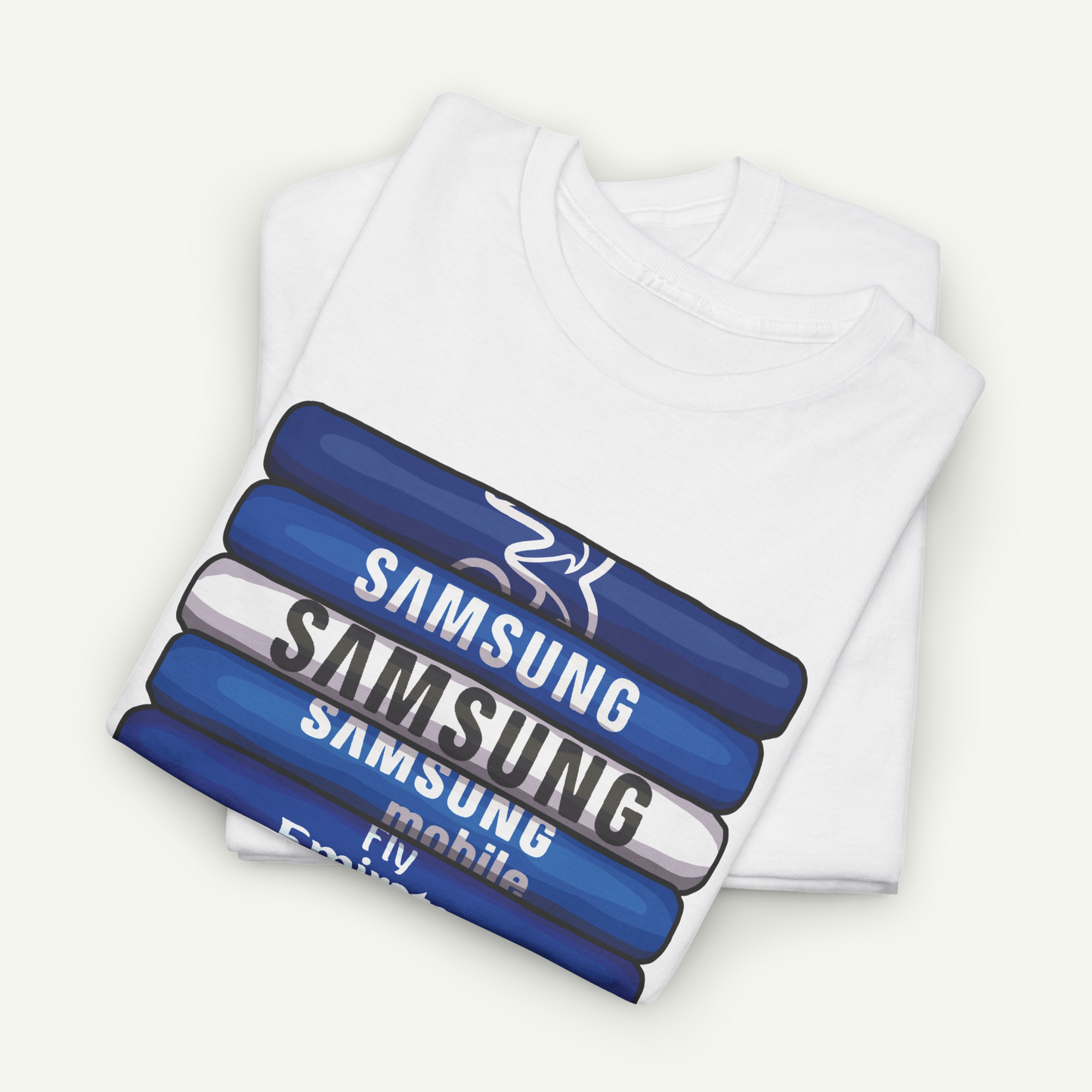 A white t-shirt with the Samsung logo printed on it, along with the text "Samsung" and "mobile" printed below it.